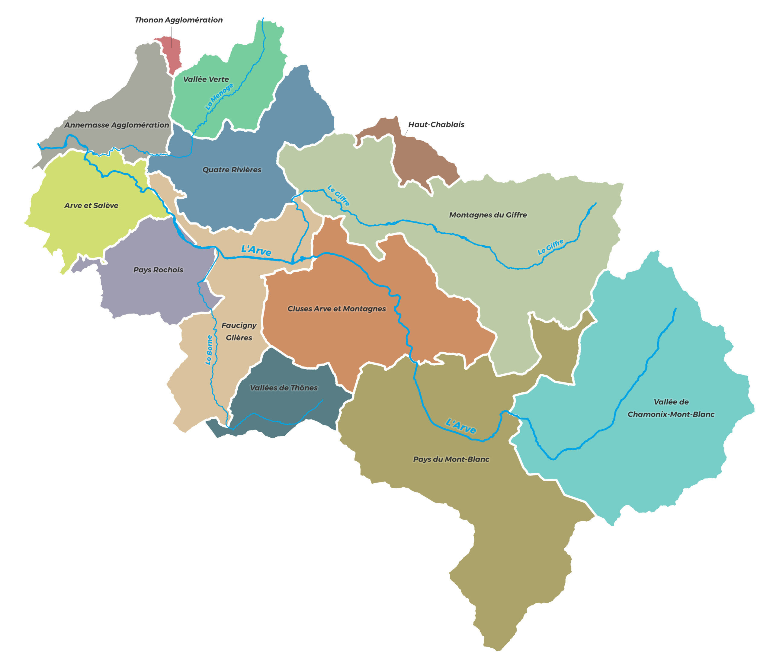 Carte des communautés de communes et des affluents du bassin versant de l'Arve